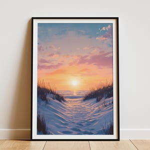 Póster con impresión artística de paisaje marino, playa, atardecer, camino arenoso, duna, océano, vacaciones de verano, decoración del hogar, arte de pared