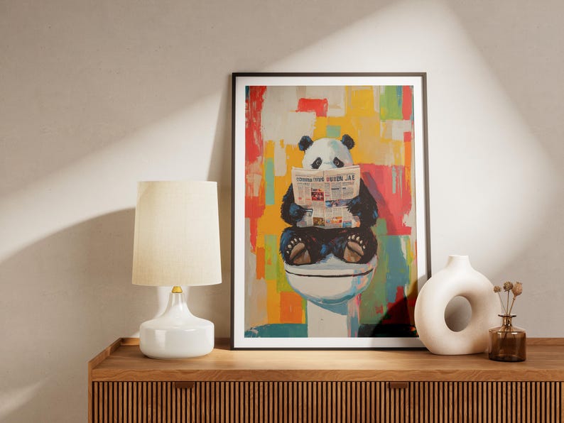 Panda on Toilet Reading Newspaper Painting Bathroom Art Print Funny ...