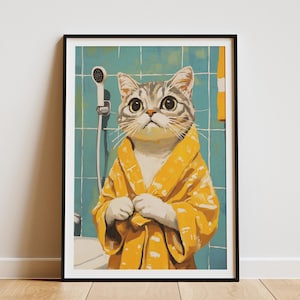Impresión artística de pared para baño con gato Scottish Fold en bata, póster divertido de animales, decoración para el hogar, ilustración de gato lindo, arte caprichoso para el baño