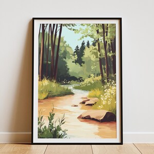 Póster de bosque y río de primavera, impresión artística de naturaleza, paisaje de río tranquilo, árboles verdes, escena de bosque, arte de pared, ilustración botánica, decoración moderna para el hogar