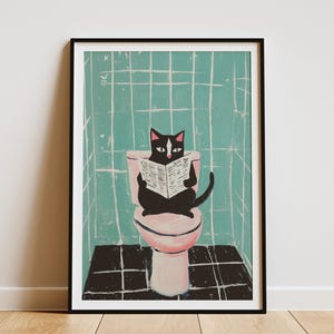 Lámina artística de gato americano de pelo corto, póster de gato leyendo periódico en el inodoro, decoración humorística para la pared del baño, arte felino divertido para el baño, gato novedoso