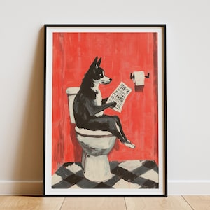 Humorous Husky Dog Toilet Newspaper Art Print Funny Bathroom Decor Pet Lover Gift Novelty Animal Lover Poster Quirky Home Decor Art Print