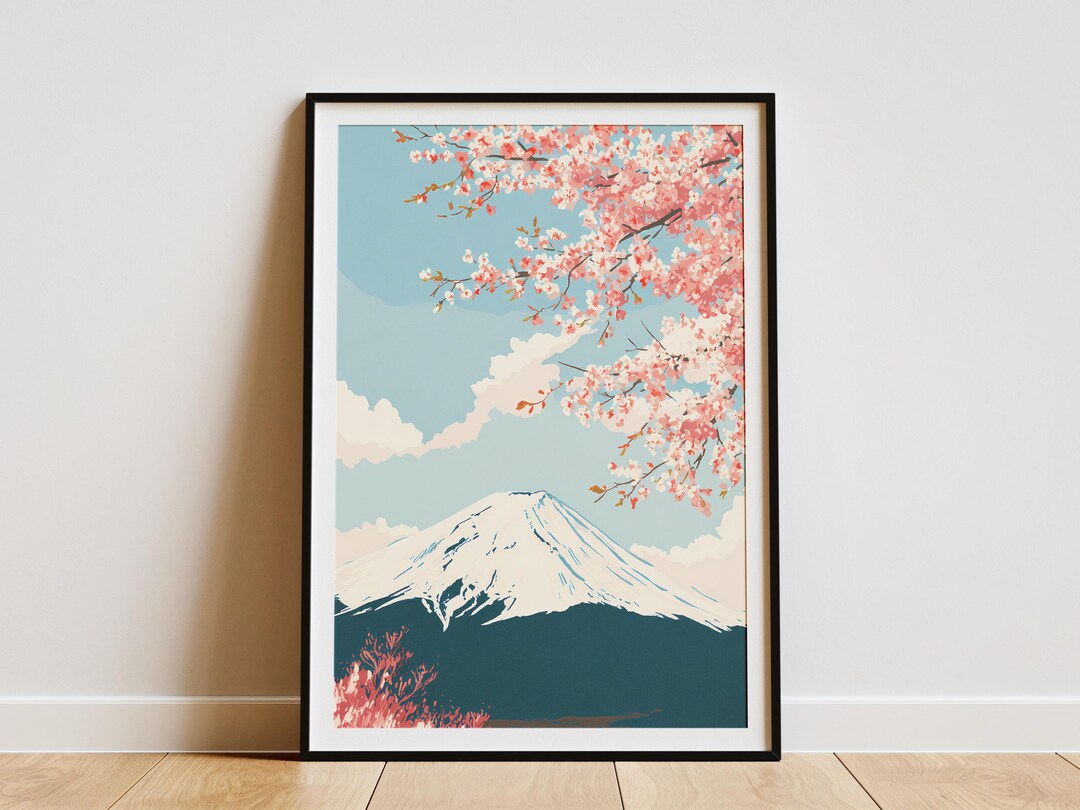 Mount Fuji Cherry Blossom Print Japanese Landscape Art Pink Sakura ...