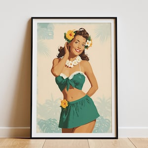 Vintage Hula Girl Poster Hawaiian Travel Art Print Retro PinUp Girl Wall Decor Island Vacation Art Mid Century Modern Woman Art Print