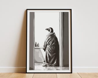 Penguin in Bathrobe Bathroom Art Print Monochrome Animal Wall Decor Unique Funny Penguin Poster for Modern Home Bathroom Artwork