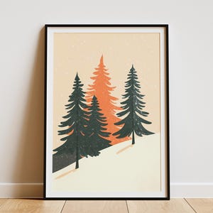 Winter Pine Trees Poster Moderner Minimalistischer Wald Kunstdruck Orange und Türkis Natur Illustration Skandinavische Dekoration Wohnkultur Schneebedeckte Landschaft