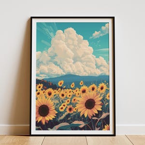 Sunflower Field Poster Summer Landscape Print Yellow Flower Art Farmhouse Decor Sunflowers under Thunderclouds Boho Wall Art Cottagecore