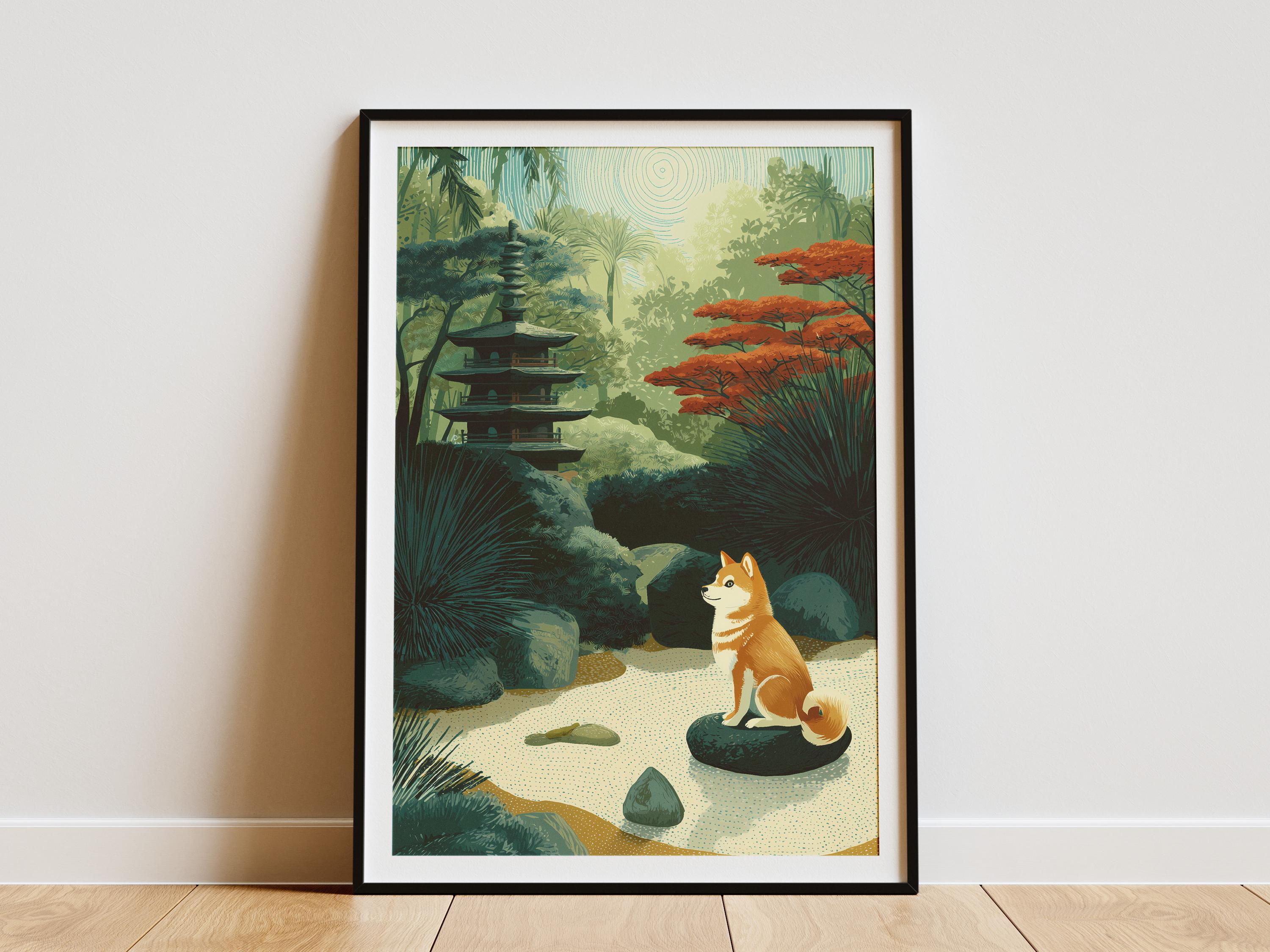 Shiba Inu Dog Japanese Zen Garden Travel Poster Print Minimalist