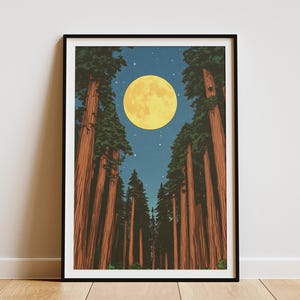 Redwood National Park Poster Vintage Travel Poster Moon Art Print Moonlit Redwood Forest Illustration Redwood Decor California Wall Art