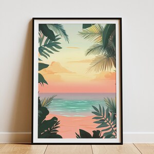 Tropischer Strand Sonnenuntergang Poster Ruhe Meer Ozean Wand Kunst Druck Sommer Urlaub Home Decor Pink Orange Grün Teal Pflanzen Blätter