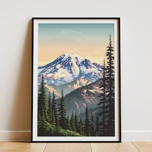 Póster del Parque Nacional Monte Rainier, póster de viaje vintage, impresión artística de paisaje, arte de montaña, decoración de pared, arte del estado de Washington