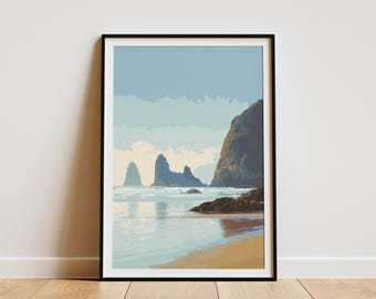 Könnte beinhalten: Gerahmter Kunstdruck mit einer Küstenlandschaft mit Strand, Meer und Felsformationen. Das Kunstwerk verwendet eine gedämpfte Farbpalette aus Blau-, Beige- und Brauntönen. Der Druck wird in einem schwarzen Rahmen angezeigt.