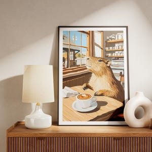 Stampa artistica del Capybara Cafe, poster accogliente da caffetteria, arte da parete ispirata a Matisse, regalo per amanti degli animali, decorazione stravagante per la casa, illustrazione del capibara immagine 2