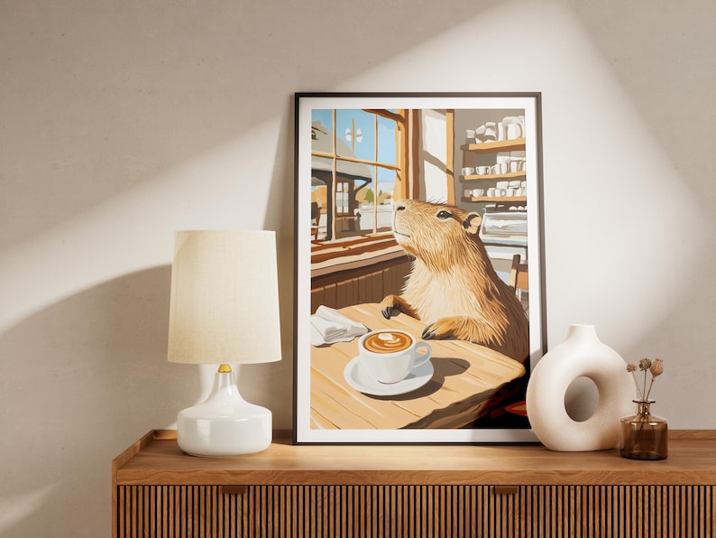 Stampa artistica del Capybara Cafe, poster accogliente da caffetteria, arte da parete ispirata a Matisse, regalo per amanti degli animali, decorazione stravagante per la casa, illustrazione del capibara immagine 2