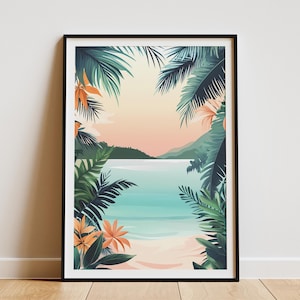 Strand Poster Palmenblätter Meer Sonnenuntergang Sommer Urlaub Kunstdruck Meer Tropisch Küsten Dekor Wohnkultur Wand Kunst Botanischer Druck
