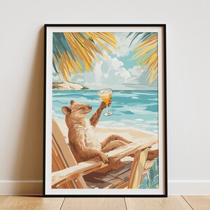 Póster de playa de quokka, impresión de vacaciones de verano, arte de animales costeros, decoración de animales lindos, escena de playa relajante, póster de animales tropicales, quokka divertido