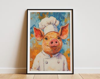 Chef Pig Art Print Whimsical Kitchen Decor Animal Portrait Funny Pig Poster Chef Gift Home Decor Pig Art Farmhouse Art Print