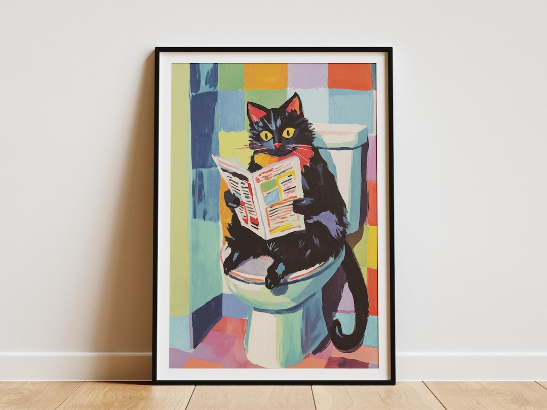 Black Cat on Toilet Reading Newspaper Art Print Funny Bathroom Wall Art ...