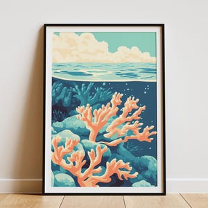 Póster con impresión de coral de la Gran Barrera de Coral, arte oceánico, ilustración submarina, decoración de casa de playa, arrecife australiano, vida marina, mar de coral tropical