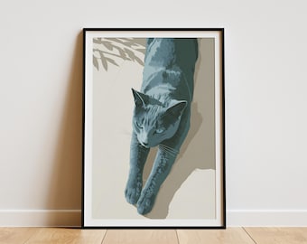 May include: A framed art print featuring a stylized illustration of a gray cat stretching. The cat is depicted in a relaxed pose, with its body elongated and paws extended. The artwork is set against a neutral background, with shadows.