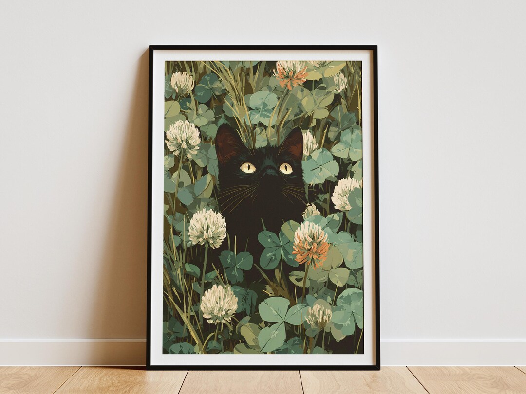 Bombay Black Cat in Clover Field Print Minimalist Nature Wall Art Green ...