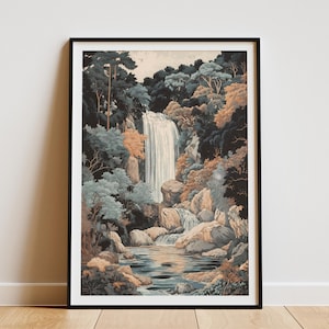 Póster con impresión de cascada, bosque, piscina, arte natural, paisaje, cascada, bosque, árboles, estilo japonés, escena tranquila, calma, serena, decoración de pared para el hogar