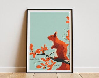 May include: A framed art print featuring a vibrant orange squirrel perched on a tree branch with orange leaves against a light blue background. The artwork is displayed in a black frame, adding a modern touch to the nature-themed illustration.