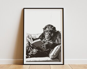 Chimpanzee Reading Book on Sofa Black and White Graphic Art Print for Home Decor Animal Lover Gift Digital Illustration Poster Wall Art