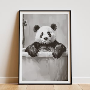 Impresión artística de baño de burbujas con diseño de oso panda, póster de animales lindos, decoración minimalista para baño, arte de pared de panda en blanco y negro, regalo para amantes de los pandas