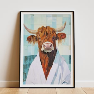 Highland Cow in Bathrobe Art Print Cute Cow in White Robe Poster Funny Animal Wall Decor Modern Farm Animal Painting Boho Cow Print