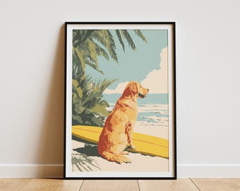 May include: Framed art print featuring a golden retriever sitting on a yellow surfboard at the beach. The dog is facing the ocean, with palm trees and a blue sky in the background. The artwork has a vintage, retro style.