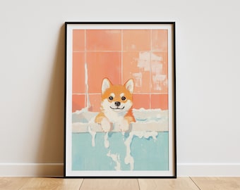 May include: Framed art print featuring a Shiba Inu dog in a bathtub. The dog has orange and white fur and is surrounded by bubbles. The background is a peach-colored tiled wall and a light blue bathtub.