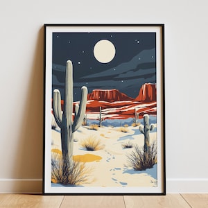 Schneebedeckte Wüste Landschaft Vintage Reise-Plakat südwestlichen Kaktus Wüste Kunst Winter-Kaktus Moderne minimalistische Wohnkultur Arizona-Druck
