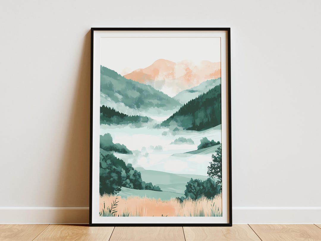 Misty Mountain Landscape Art Print Foggy Forest Poster Green Hills Wall ...