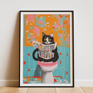 Impresión artística de gato Scottish Fold, divertida decoración de pared para baño, póster de gato leyendo el periódico en el inodoro, obra de arte animal caprichosa, impresión de decoración para el hogar