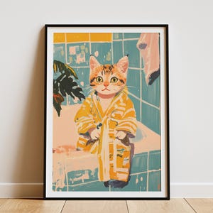 Impresión artística de gatito de Bengala, póster de gatito bebé en bata de baño, arte de pared para baño, impresión artística de animales lindos, decoración caprichosa para el hogar, regalo para amantes de los gatitos