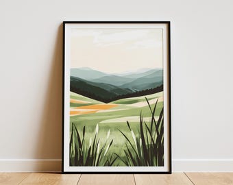 Abstract Landscape Green Field Poster Minimalist Nature Art Print Modern Wall Decor Green Hills Home Decor Botanical Print Landscape