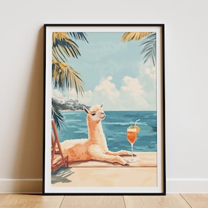 Alpaca Beach Poster Summer Vacation Print Coastal Animal Art Cute Llama Artwork Funny Animal Poster Tropical Beach Decor Ocean View Summer