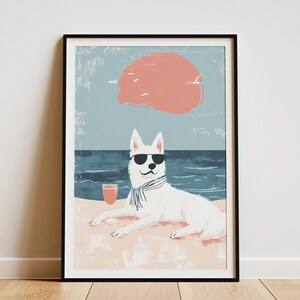 Cool Husky Dog Summer Beach Poster Summertime Ocean Dog Print Funny White Dog Art Coastal Dog Lover Gift Dog Wall Decor Pet Portrait Canine