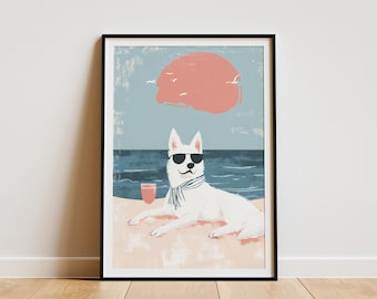 Cooler Husky Hund Sommer Strand Poster Küsten Hund Poster Lustig Weißer Hund Kunst Küsten Hundeliebhaber Geschenk Hundeliebhaber Hundeliebhaber Geschenk Hunde Wand Dekor Haustier Hund
