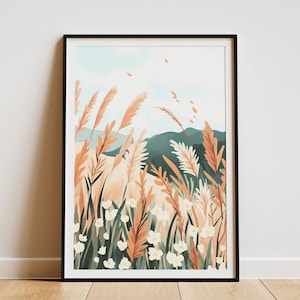 Herbst Gras Wiese Landschaft Botanischer Druck Beige Gelb Moderne Minimalistische Wohnkultur Wand Kunst Poster Herbst Blumen Natur Grünland