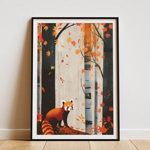Roter Panda im Herbstwald Poster Minimalistischer Kunstdruck Tier Wanddekor Natur Kunst Roter Panda Illustration Herbstlaub