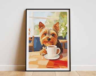 Yorkshire Terrier Puppy Drinking Coffee Art Print Dog Lover Gift Cute Animal Poster Yorkie Coffee Cup Wall Art Kitchen Decor Modern Art