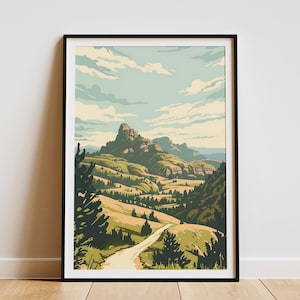 Pôster de viagem vintage de Black Hills, Dakota do Sul, arte de parede com paisagem, impressão de arte da natureza, decoração para casa