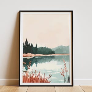 Póster de casa en el lago, arte de pared con naturaleza tranquila, impresión de paisaje de lago pacífico, decoración minimalista moderna para el hogar, póster de escena de lago sereno, arte botánico