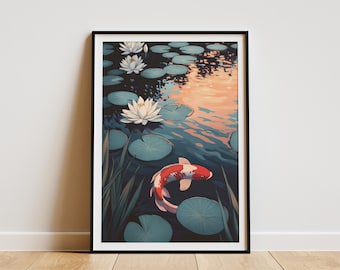 Koi Pond Wall Art Print Japanese Fish Poster Lily Pads and Koi Fish Asian Art Decor Serene Water Lily Print Modern Zen Decor Tranquil Pond
