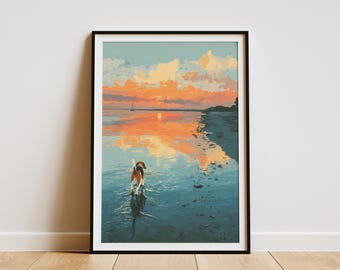Beagle Dog Beach Sunset Art Print Coastal Wall Decor Pet Lover Gift Ocean Landscape Painting Vibrant Waterside Home Art