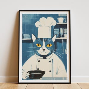 Domestic Shorthair Cat Chef Poster Kitchen Art Print Funny Cat Art Cat Lover Gift Culinary Cat Poster Blue Kitchen Decor