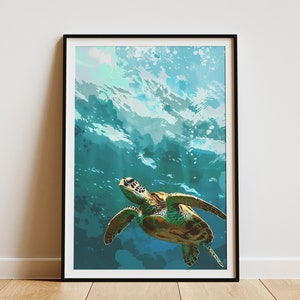 Póster de tortuga marina con estampado de animales del océano, acuarela, arte oceánico, decoración de pared minimalista en verde y azul