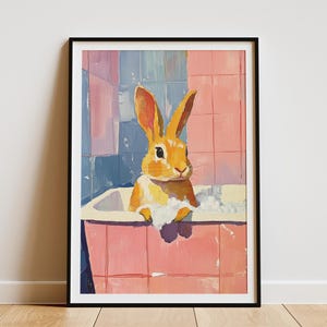 Cute Rabbit in a Bathtub Pink Bathroom Painting Art Print Modern Animal Wall Decor Whimsical Bunny Poster Adorable Rabbit Art Bathroom